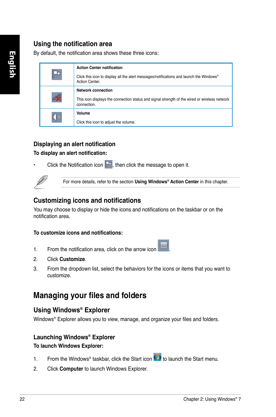 Managing your files and folders, English, Using the notification area | Customizing icons and notifications, Using.windows, Explorer | Asus CM6870 User Manual | Page 24 / 352