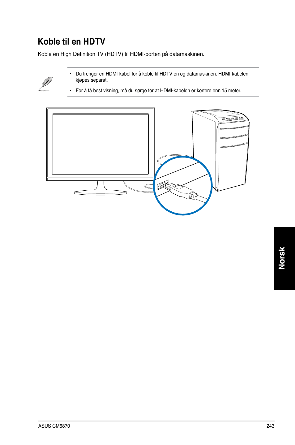 Koble til en hdtv, Koble.til.en.hdt, Norsk | Asus CM6870 User Manual | Page 245 / 352