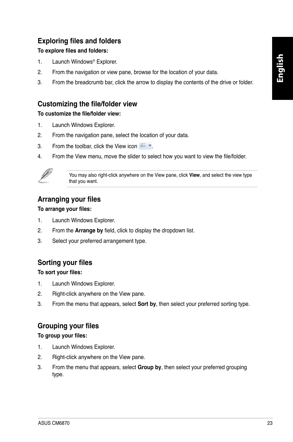 English, Exploring files and folders, Customizing the file/folder view | Arranging your files, Sorting your files, Grouping your files | Asus CM6870 User Manual | Page 25 / 352