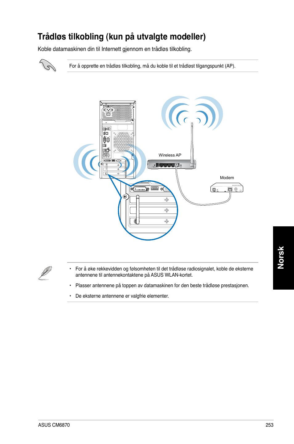 Trådløs tilkobling (kun på utvalgte modeller), Trådløs.tilkobling.�kun.på.utvalgte.modeller, Norsk | Asus CM6870 User Manual | Page 255 / 352