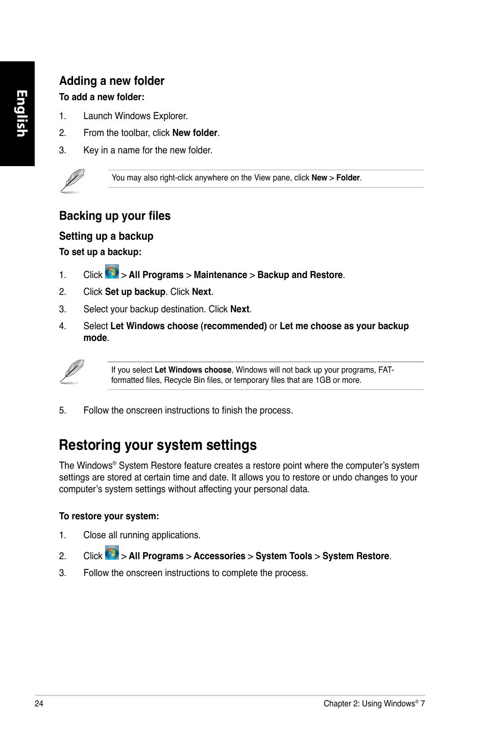 Restoring your system settings, English, Restoring.your.system.settings | Adding.a.new.folder, Backing up your files | Asus CM6870 User Manual | Page 26 / 352