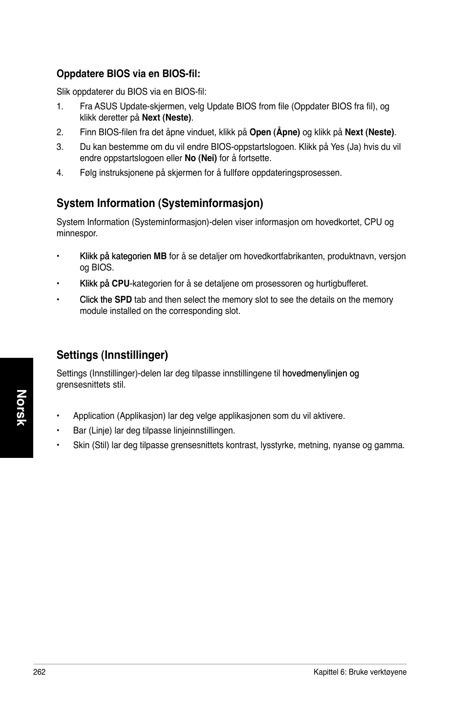 Norsk, Settings.�innstillinger, System.information.�systeminformas�on | Asus CM6870 User Manual | Page 264 / 352