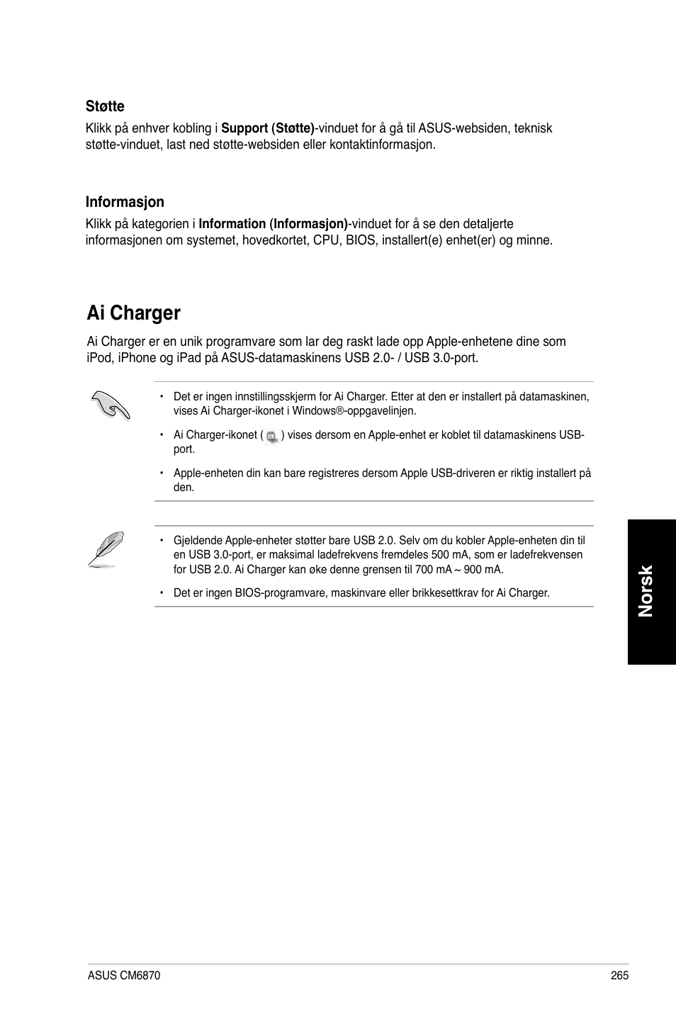 Ai charger, Ai.charger, Norsk | Asus CM6870 User Manual | Page 267 / 352