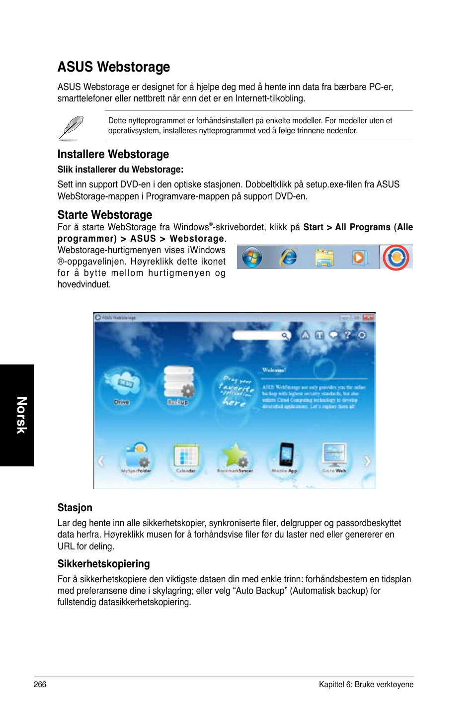 Asus webstorage, Asus.webstorage, Norsk | Installere.webstorage, Starte.webstorage | Asus CM6870 User Manual | Page 268 / 352