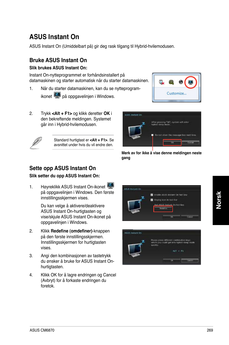 Asus instant on, Asus.instant.on, Norsk | Bruke.asus.instant.on, Sette.opp.asus.instant.on | Asus CM6870 User Manual | Page 271 / 352