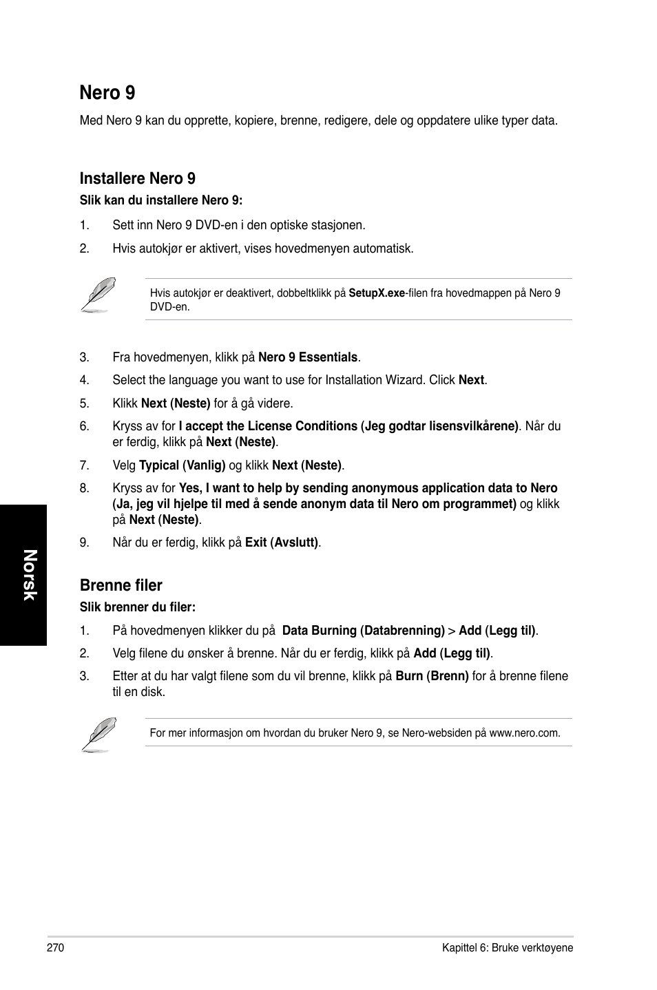 Nero 9, Nero.9, Norsk | Installere.nero.9, Brenne filer | Asus CM6870 User Manual | Page 272 / 352