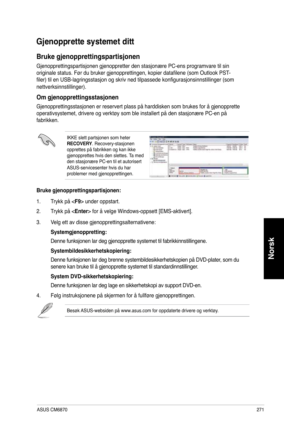 Gjenopprette systemet ditt, G�enopprette.systemet.ditt, Norsk | Bruke.g�enopprettingspartis�onen | Asus CM6870 User Manual | Page 273 / 352