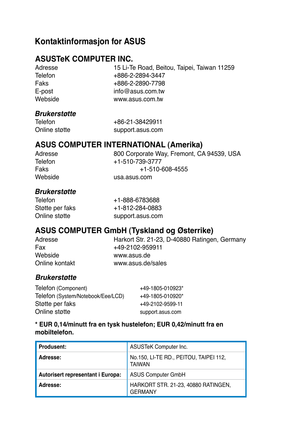 Kontaktinformasjon for asus, Kontaktinformas�on.for.asus | Asus CM6870 User Manual | Page 282 / 352