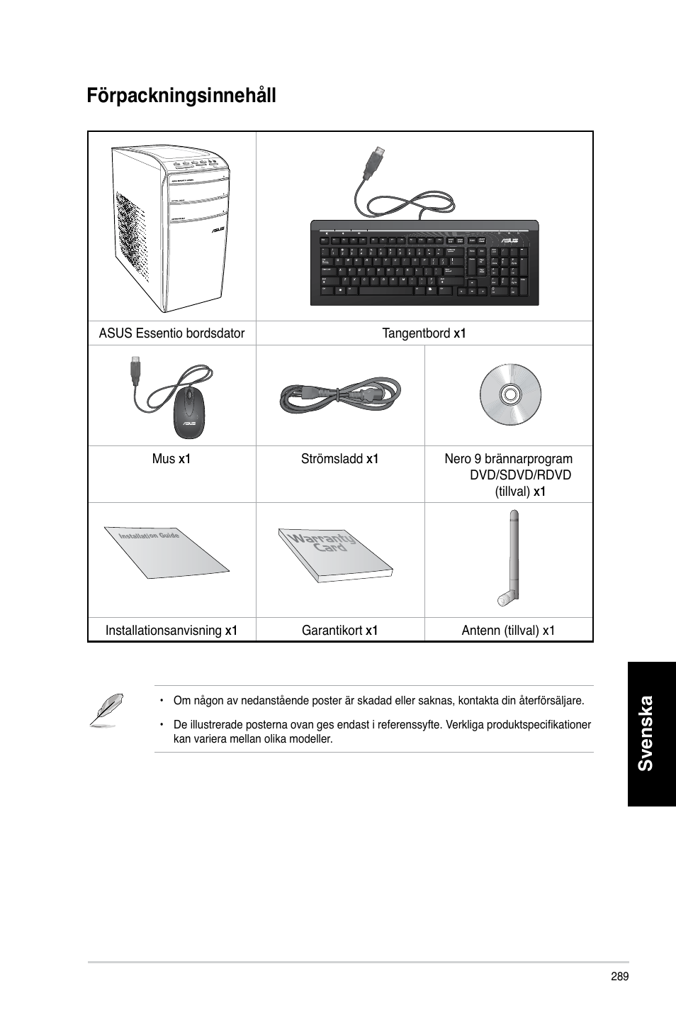 Förpackningsinnehåll, Svenska | Asus CM6870 User Manual | Page 291 / 352