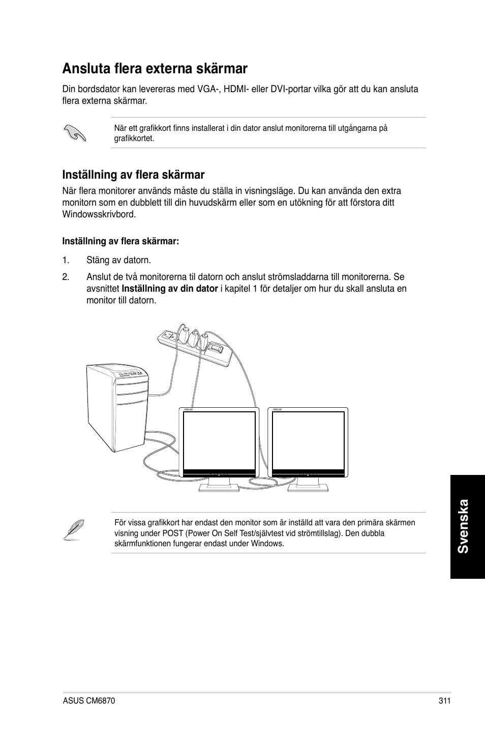 Ansluta flera externa skärmar, Ansluta flera externa sk��rmar, Svenska | Inst��llning av flera sk��rmar | Asus CM6870 User Manual | Page 313 / 352