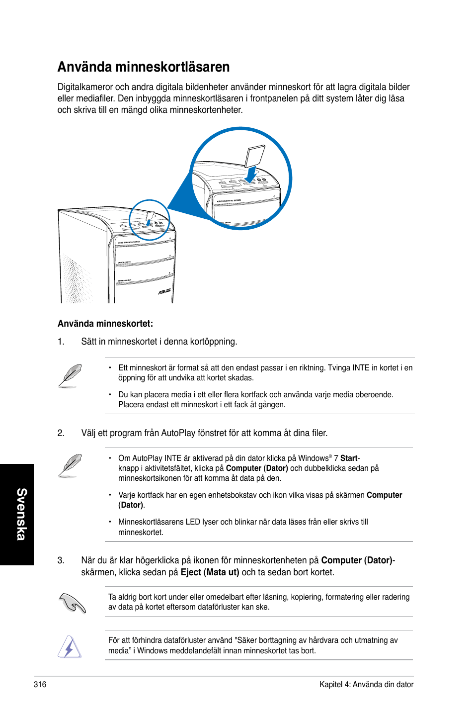 Använda minneskortläsaren, Använda.minneskortläsaren, Svenska | Asus CM6870 User Manual | Page 318 / 352