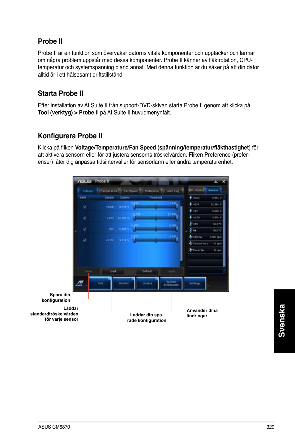 Svenska, Probe.ii, Starta.probe.ii | Konfigurera probe ii | Asus CM6870 User Manual | Page 331 / 352