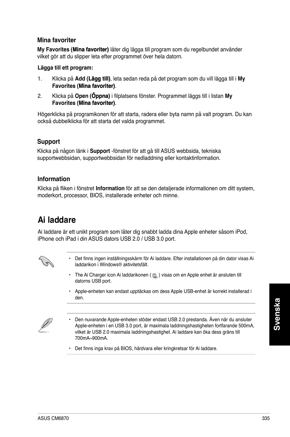 Ai laddare, Ai.laddare, Svenska | Asus CM6870 User Manual | Page 337 / 352