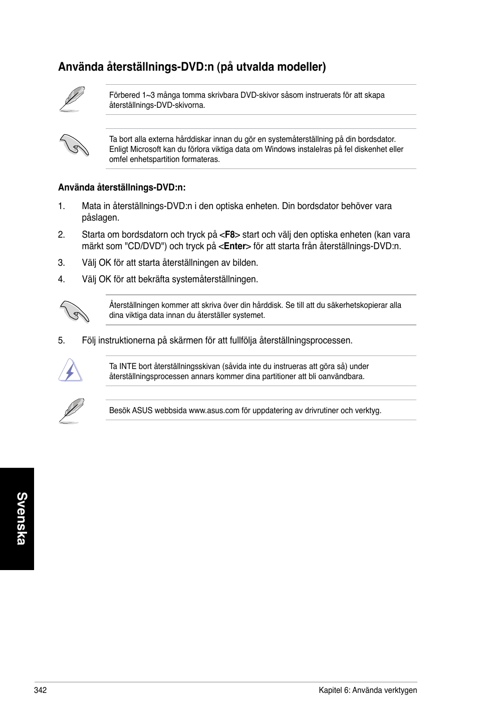 Svenska, Använda.återställnings-d�d:n.�på.utvalda.modeller | Asus CM6870 User Manual | Page 344 / 352