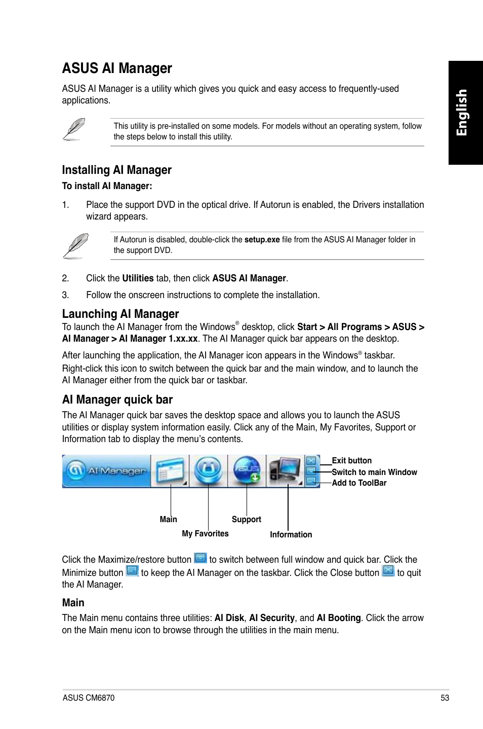 Asus ai manager, English, English asus.ai.manager | Launching.ai.manager, Ai.manager.quick.bar, Installing.ai.manager | Asus CM6870 User Manual | Page 55 / 352