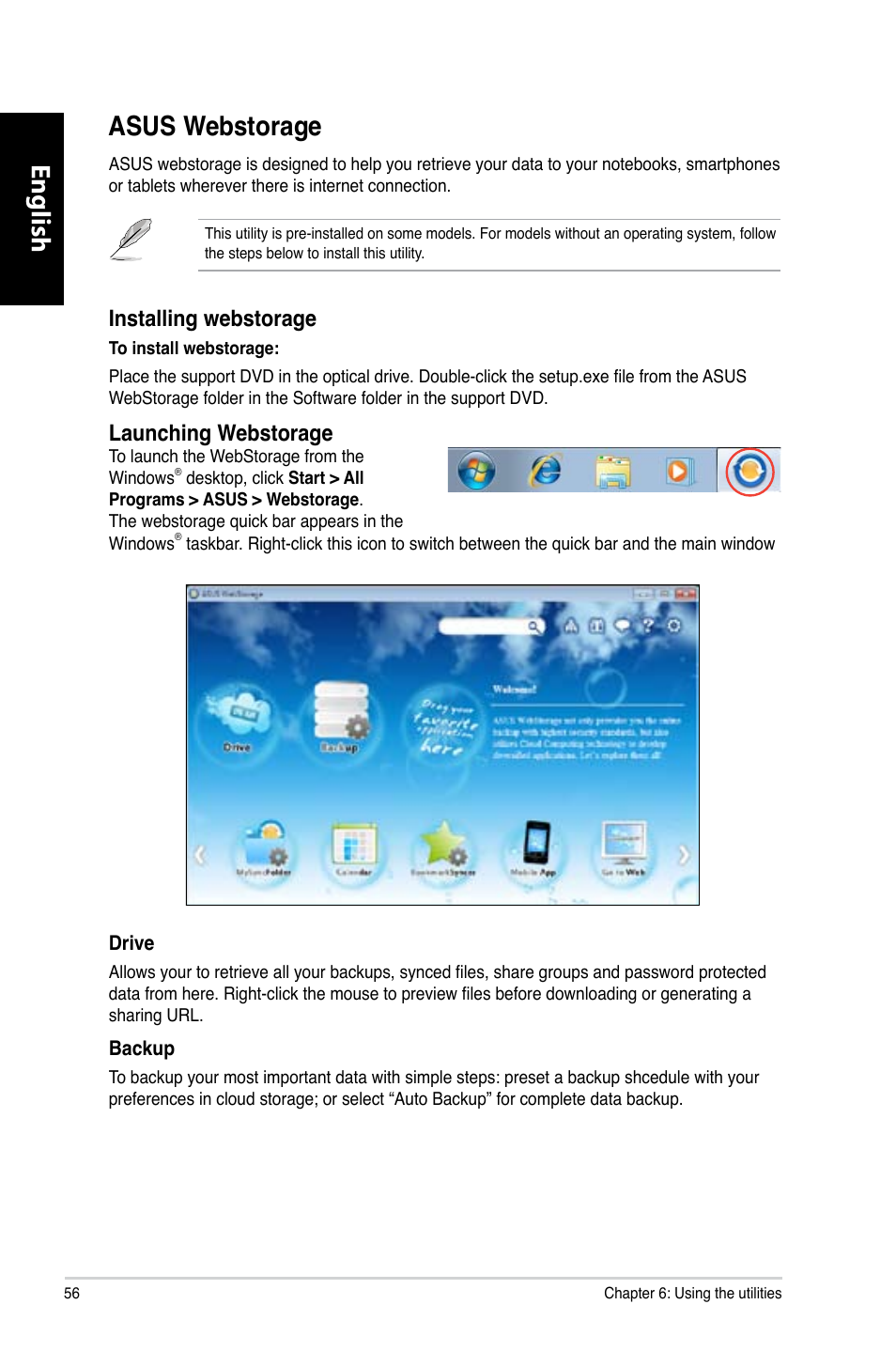 Asus webstorage, English, Asus.webstorage | Installing.webstorage, Launching.webstorage | Asus CM6870 User Manual | Page 58 / 352