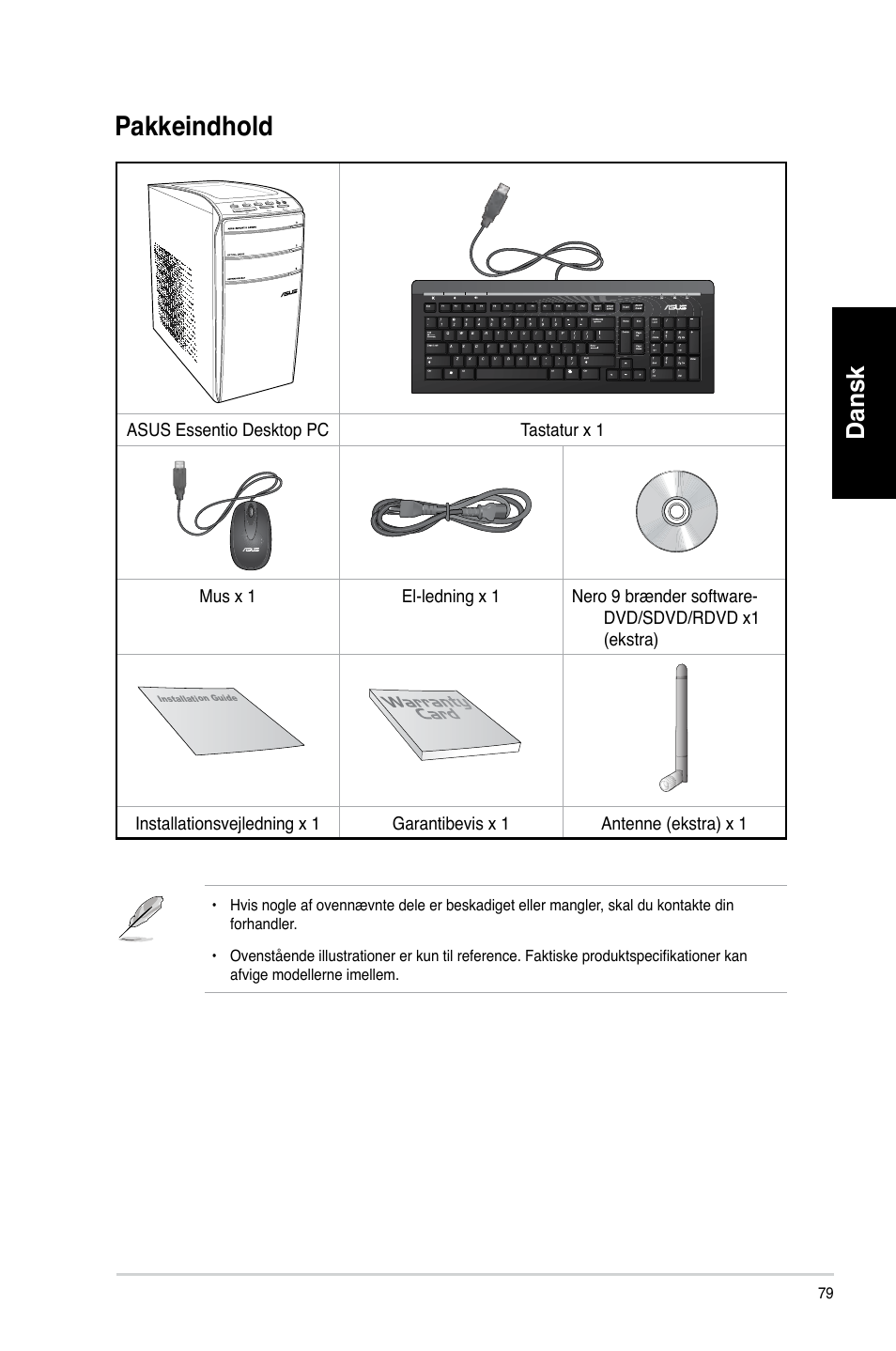 Pakkeindhold, Dansk | Asus CM6870 User Manual | Page 81 / 352