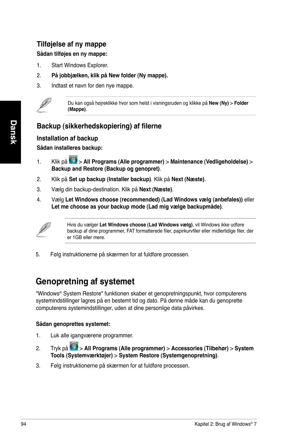 Genopretning af systemet, Genopretning.af.systemet, Dansk | Tilfø�else.af.ny.mappe, Backup �sikkerhedskopiering� af filerne | Asus CM6870 User Manual | Page 96 / 352