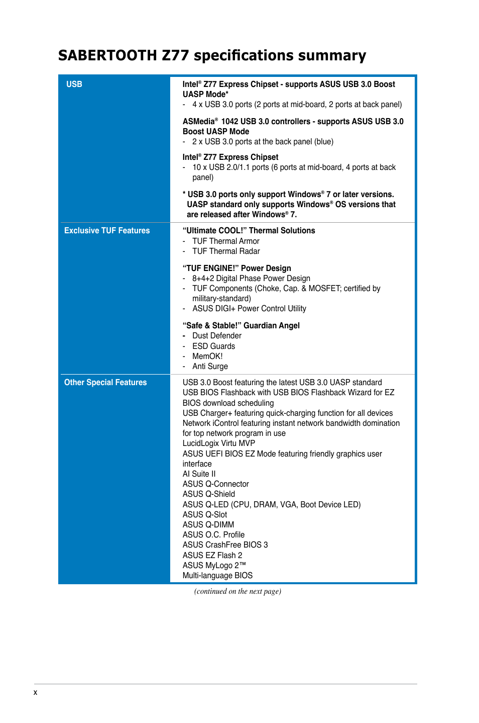 Sabertooth z77 specifications summary | Asus SABERTOOTH Z77 User Manual | Page 10 / 178