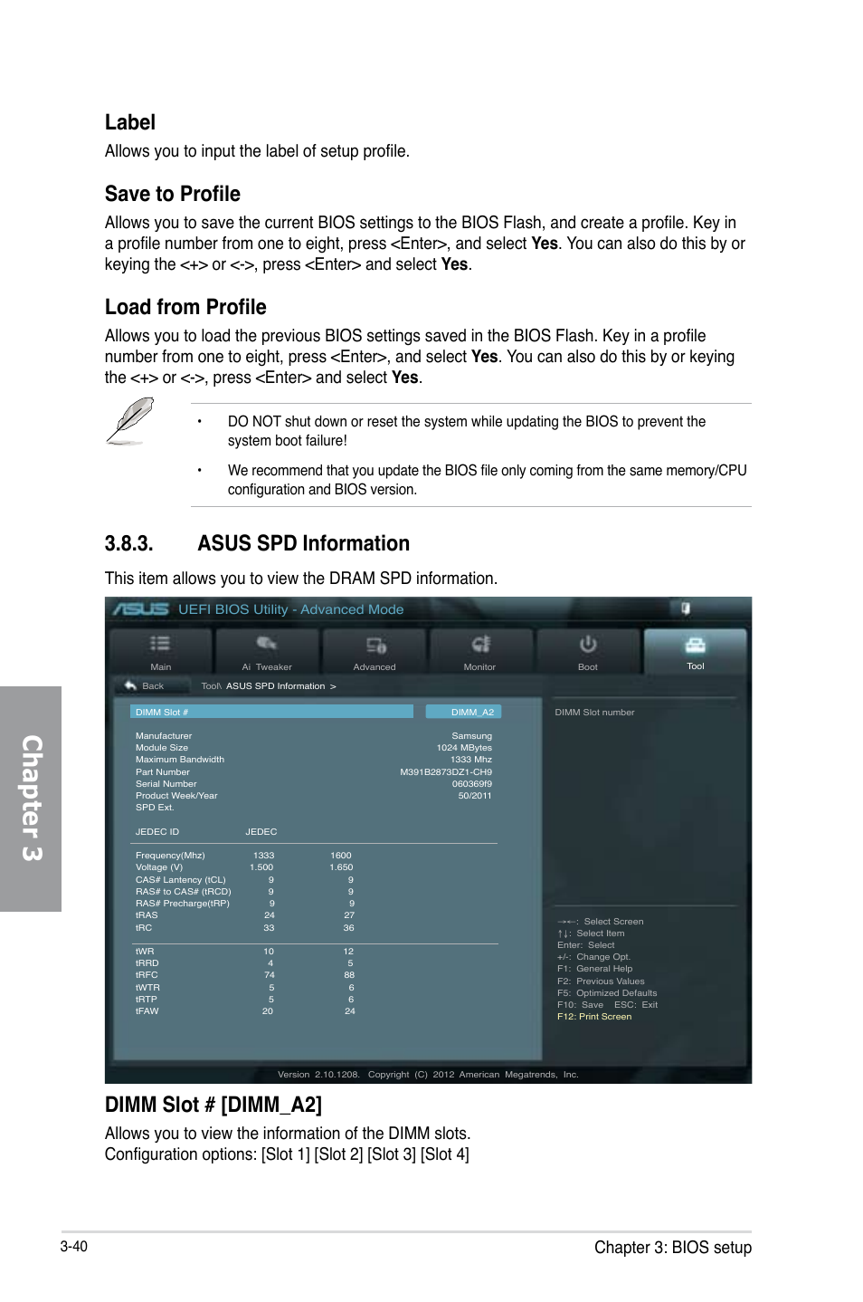Asus spd information, Asus spd information -40, Chapter 3 | Label, Save to profile, Load from profile, Dimm slot # [dimm_a2, Chapter 3: bios setup, Allows you to input the label of setup profile | Asus SABERTOOTH Z77 User Manual | Page 104 / 178