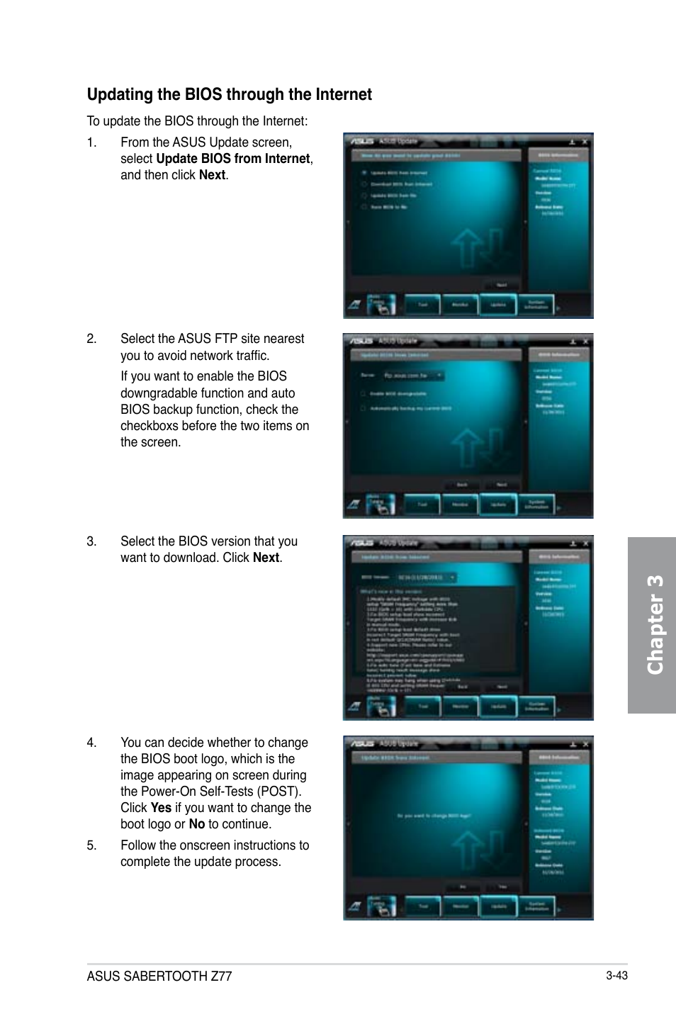 Chapter 3, Updating the bios through the internet | Asus SABERTOOTH Z77 User Manual | Page 107 / 178