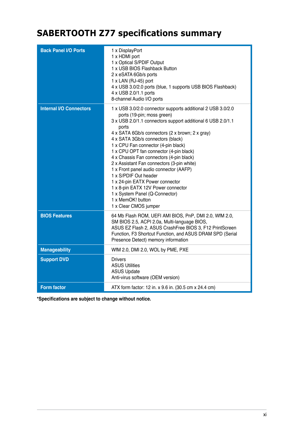 Sabertooth z77 specifications summary | Asus SABERTOOTH Z77 User Manual | Page 11 / 178