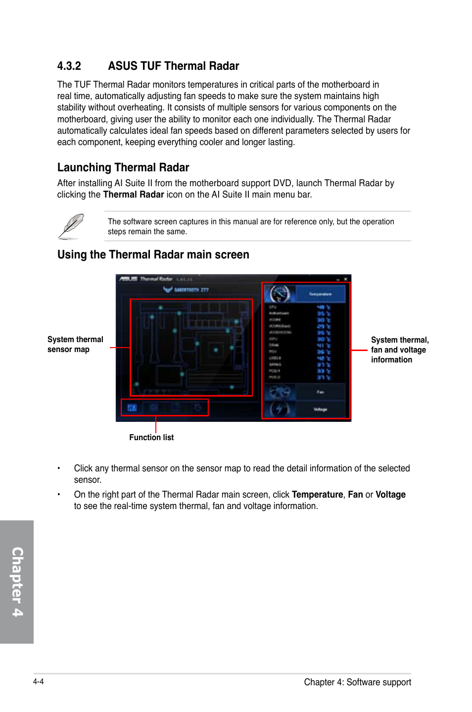 2 asus tuf thermal radar, Asus tuf thermal radar -4, Chapter 4 | Launching thermal radar, Using the thermal radar main screen | Asus SABERTOOTH Z77 User Manual | Page 118 / 178