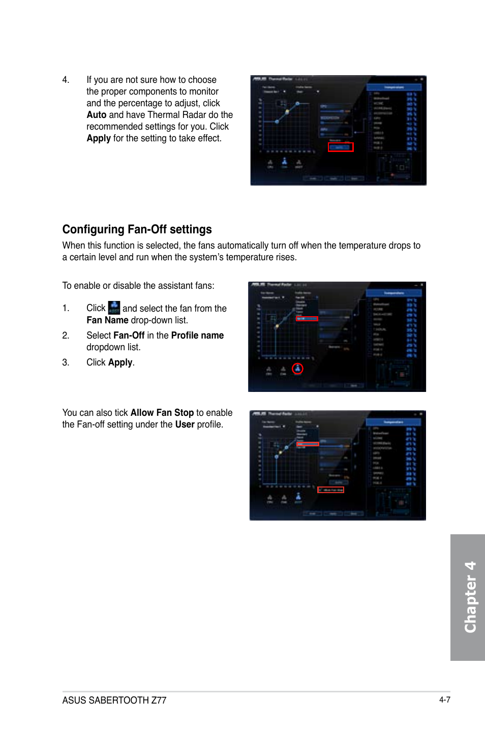 Chapter 4, Configuring fan-off settings | Asus SABERTOOTH Z77 User Manual | Page 121 / 178
