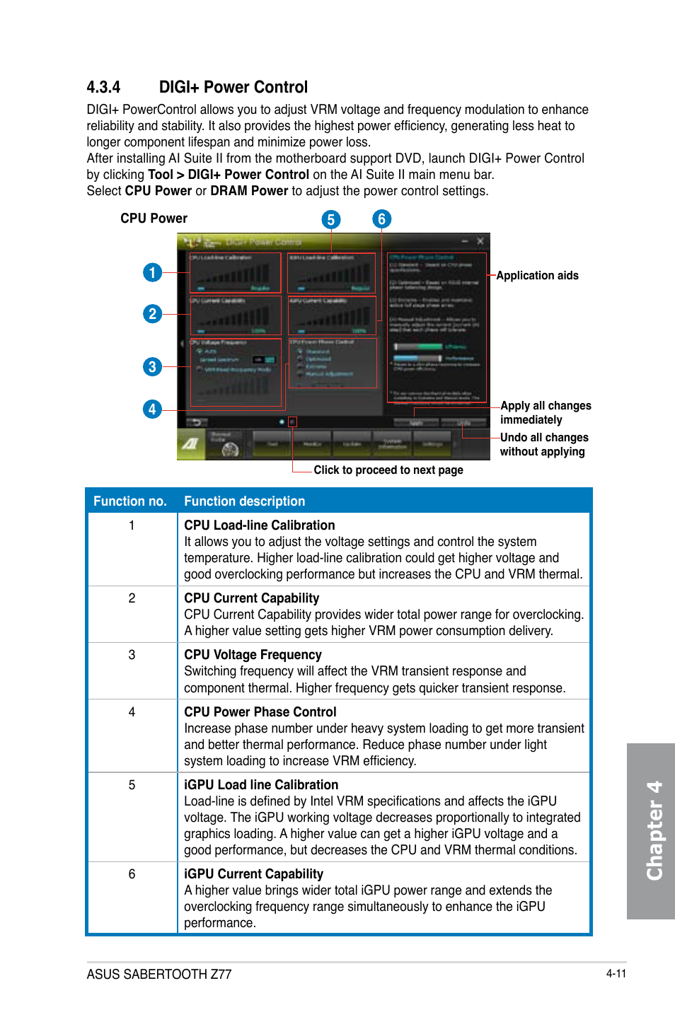 4 digi+ power control, Digi+ power control -11, Chapter 4 | Asus SABERTOOTH Z77 User Manual | Page 125 / 178