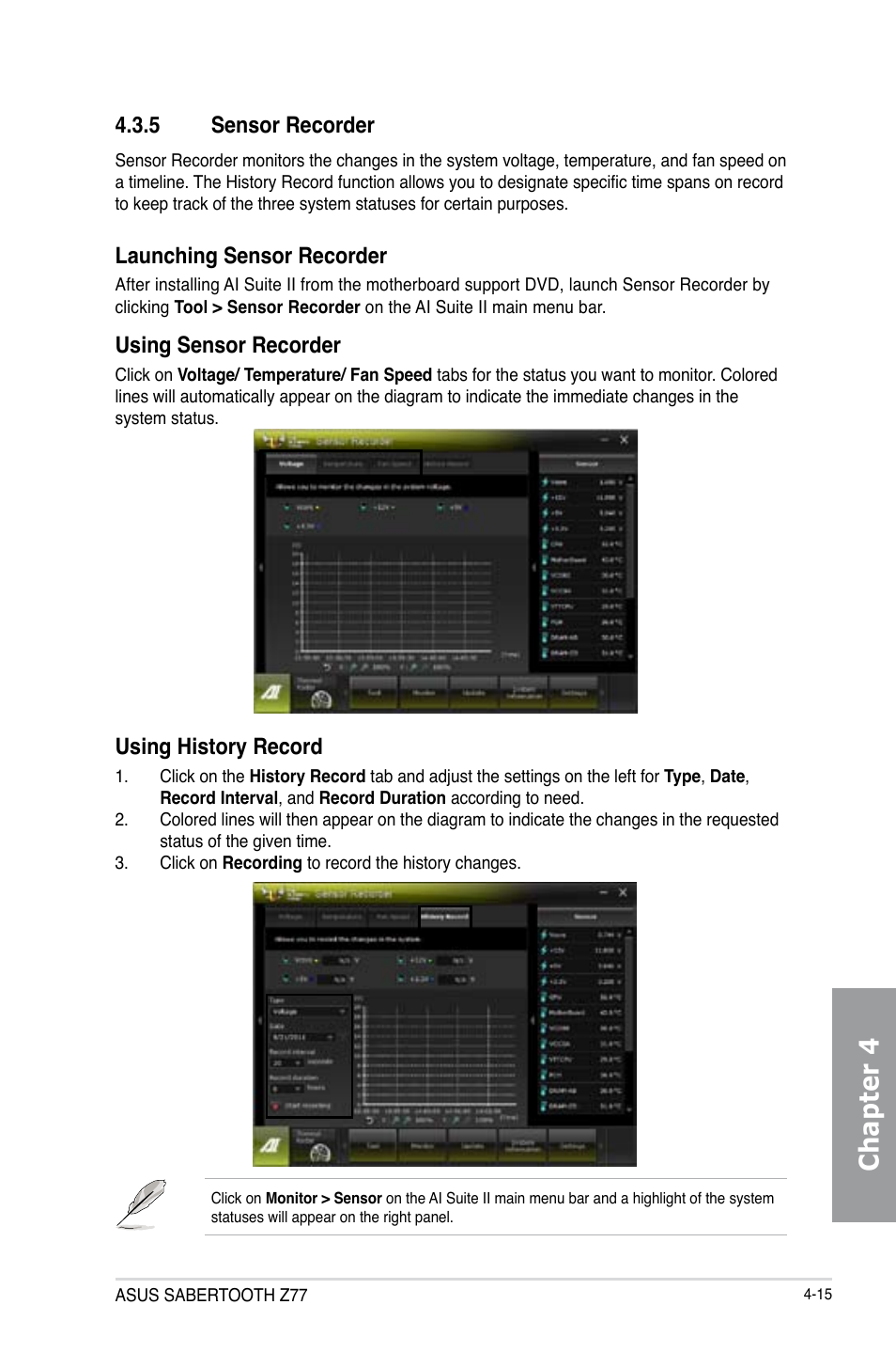 5 sensor recorder, Sensor recorder -15, Chapter 4 | Launching sensor recorder, Using sensor recorder, Using history record | Asus SABERTOOTH Z77 User Manual | Page 129 / 178