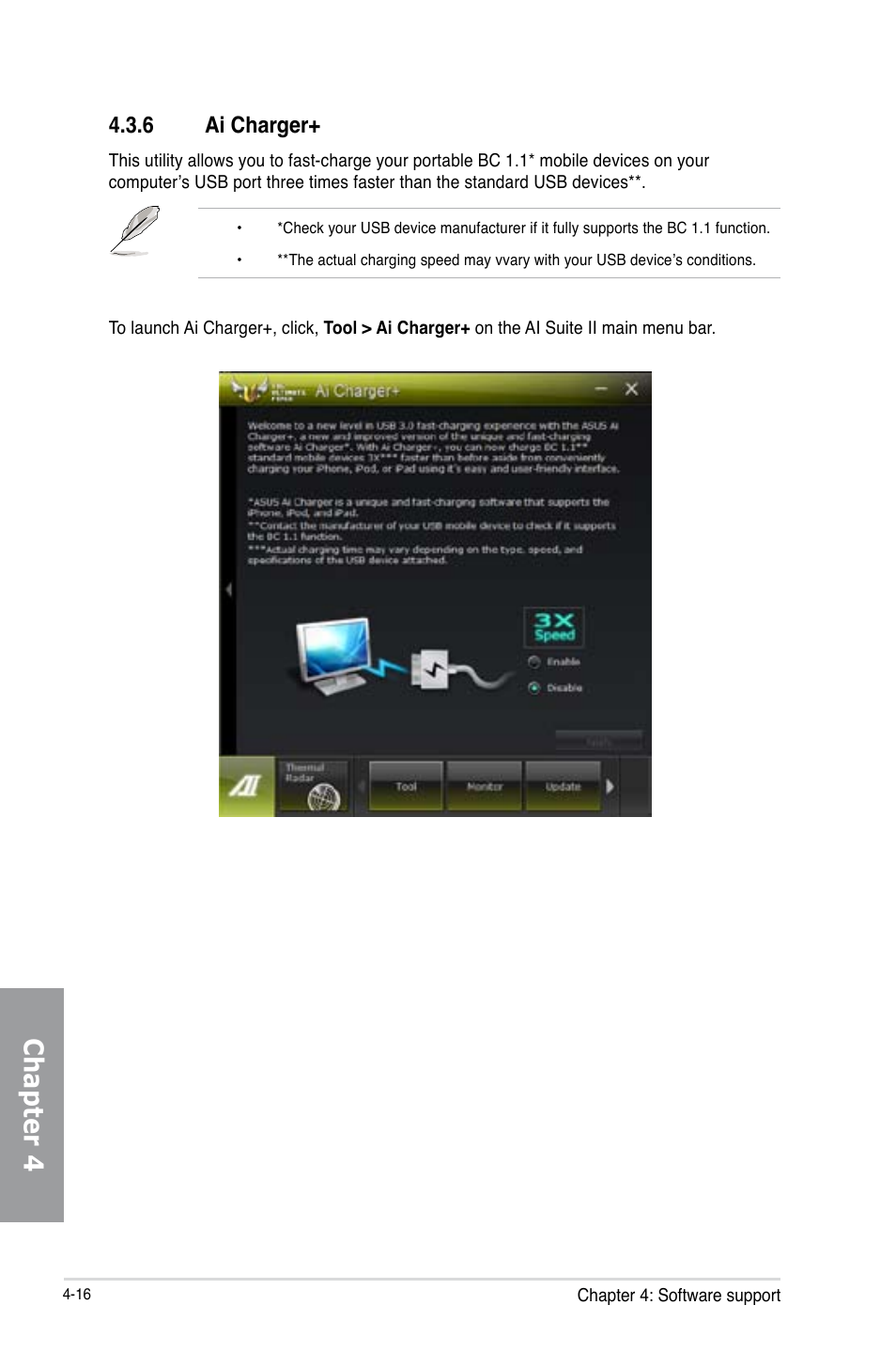 6 ai charger, Ai charger+ -16, Chapter 4 | Asus SABERTOOTH Z77 User Manual | Page 130 / 178