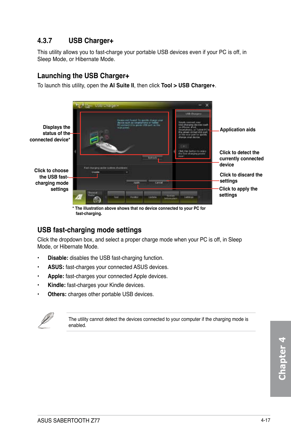 7 usb charger, Usb charger+ -17, Chapter 4 | Launching the usb charger, Usb fast-charging mode settings | Asus SABERTOOTH Z77 User Manual | Page 131 / 178