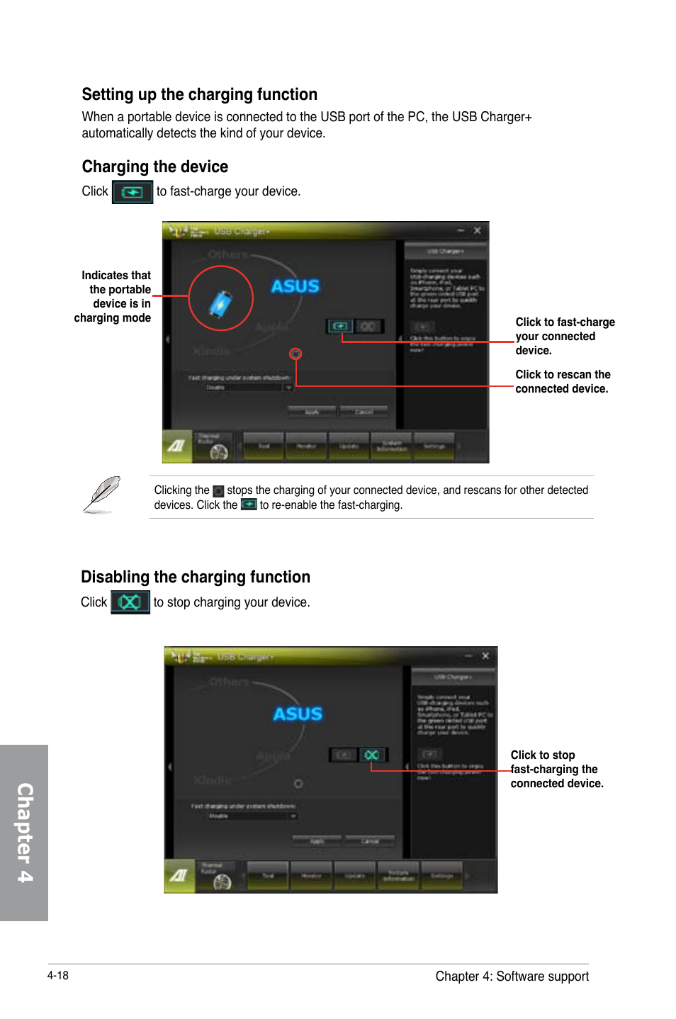 Chapter 4, Setting up the charging function, Charging the device | Disabling the charging function | Asus SABERTOOTH Z77 User Manual | Page 132 / 178