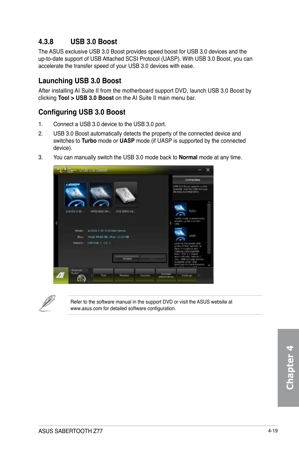 8 usb 3.0 boost, Usb 3.0 boost -19, Chapter 4 | Launching usb 3.0 boost, Configuring usb 3.0 boost | Asus SABERTOOTH Z77 User Manual | Page 133 / 178