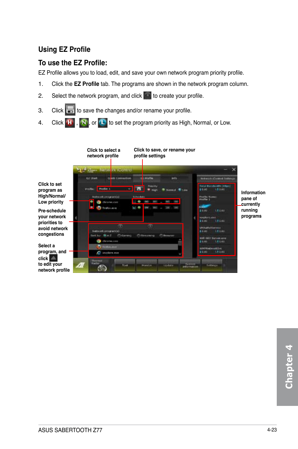 Chapter 4, Using ez profile to use the ez profile | Asus SABERTOOTH Z77 User Manual | Page 137 / 178