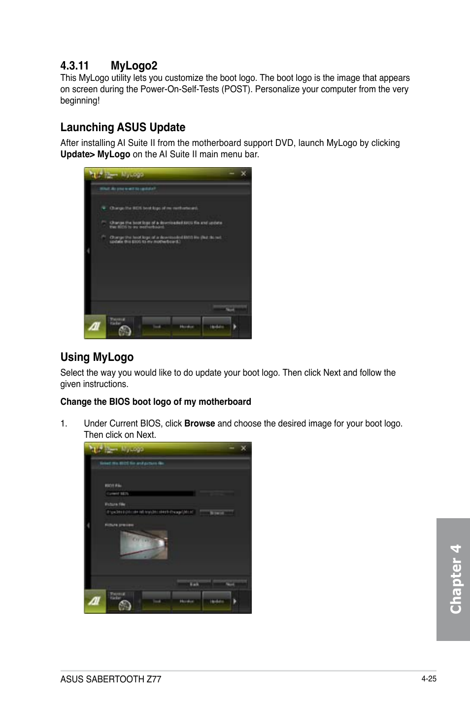 11 mylogo2, Mylogo2 -25, Chapter 4 | Launching asus update, Using mylogo | Asus SABERTOOTH Z77 User Manual | Page 139 / 178