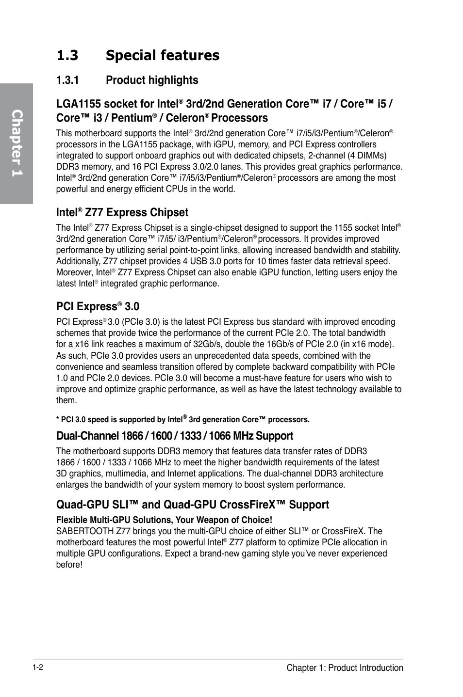 3 special features, 1 product highlights, Special features -2 1.3.1 | Product highlights -2, Chapter 1 1.3 special features, Celeron, Processors, Intel, Z77 express chipset, Pci express | Asus SABERTOOTH Z77 User Manual | Page 14 / 178