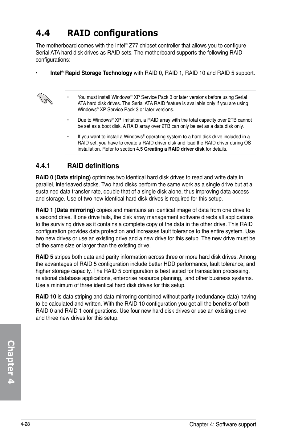 4 raid configurations, 1 raid definitions, Raid configurations -28 4.4.1 | Raid definitions -28, Chapter 4 4.4 raid configurations | Asus SABERTOOTH Z77 User Manual | Page 142 / 178