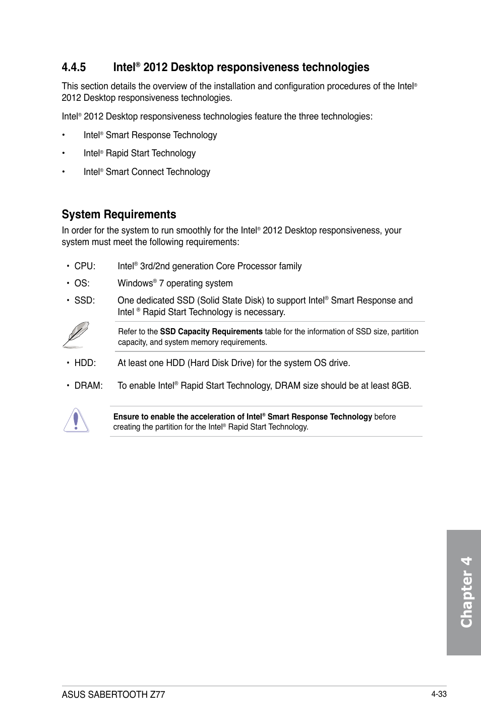 5 intel® 2012 desktop responsiveness technologies, Intel, 2012 desktop responsiveness technologies -33 | Chapter 4, 5 intel, 2012 desktop responsiveness technologies, System requirements | Asus SABERTOOTH Z77 User Manual | Page 147 / 178