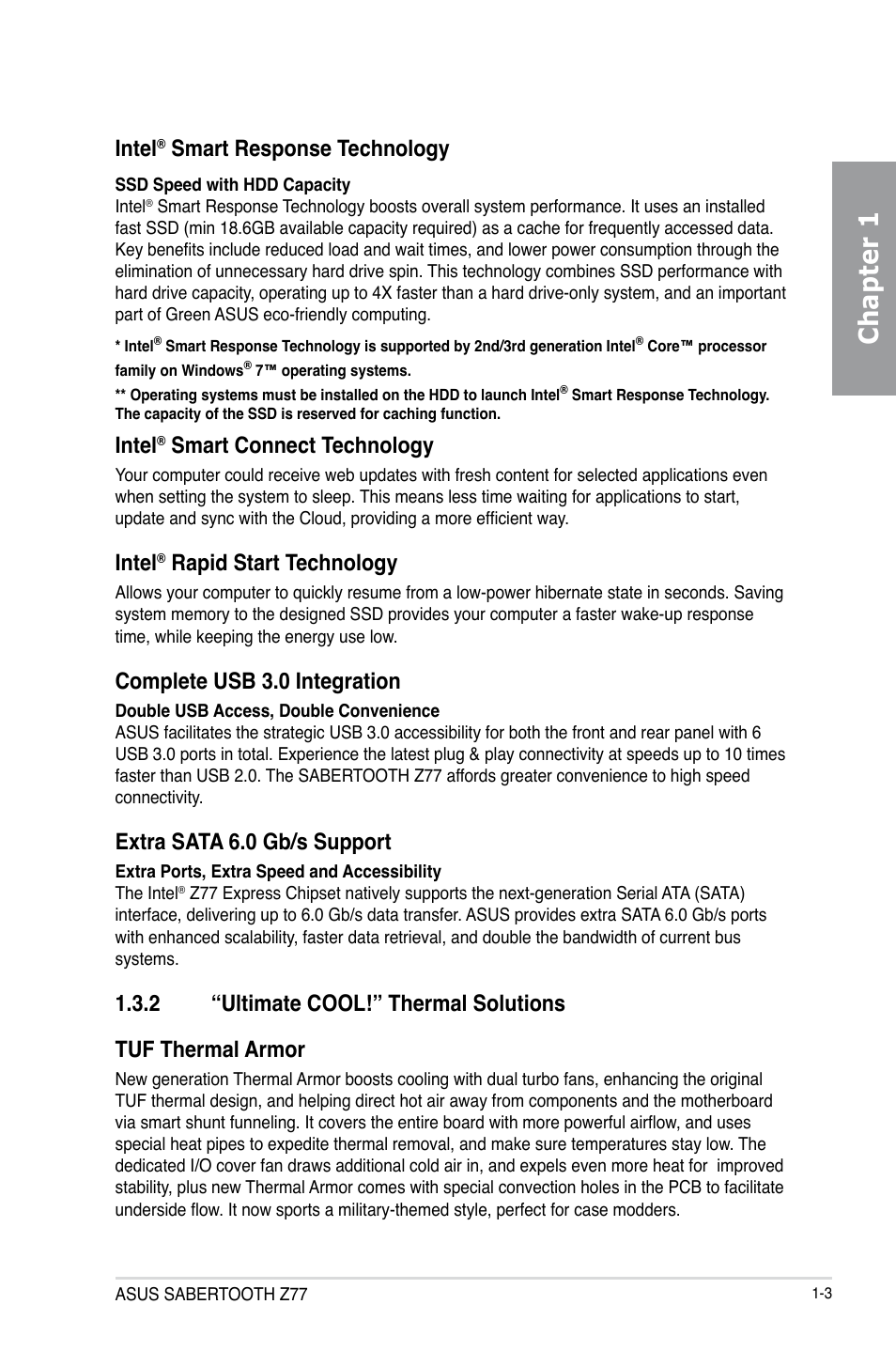 2 “ultimate cool!” thermal solutions, Ultimate cool!” thermal solutions -3, Chapter 1 | Intel, Smart response technology, Smart connect technology, Rapid start technology, Complete usb 3.0 integration, Extra sata 6.0 gb/s support | Asus SABERTOOTH Z77 User Manual | Page 15 / 178