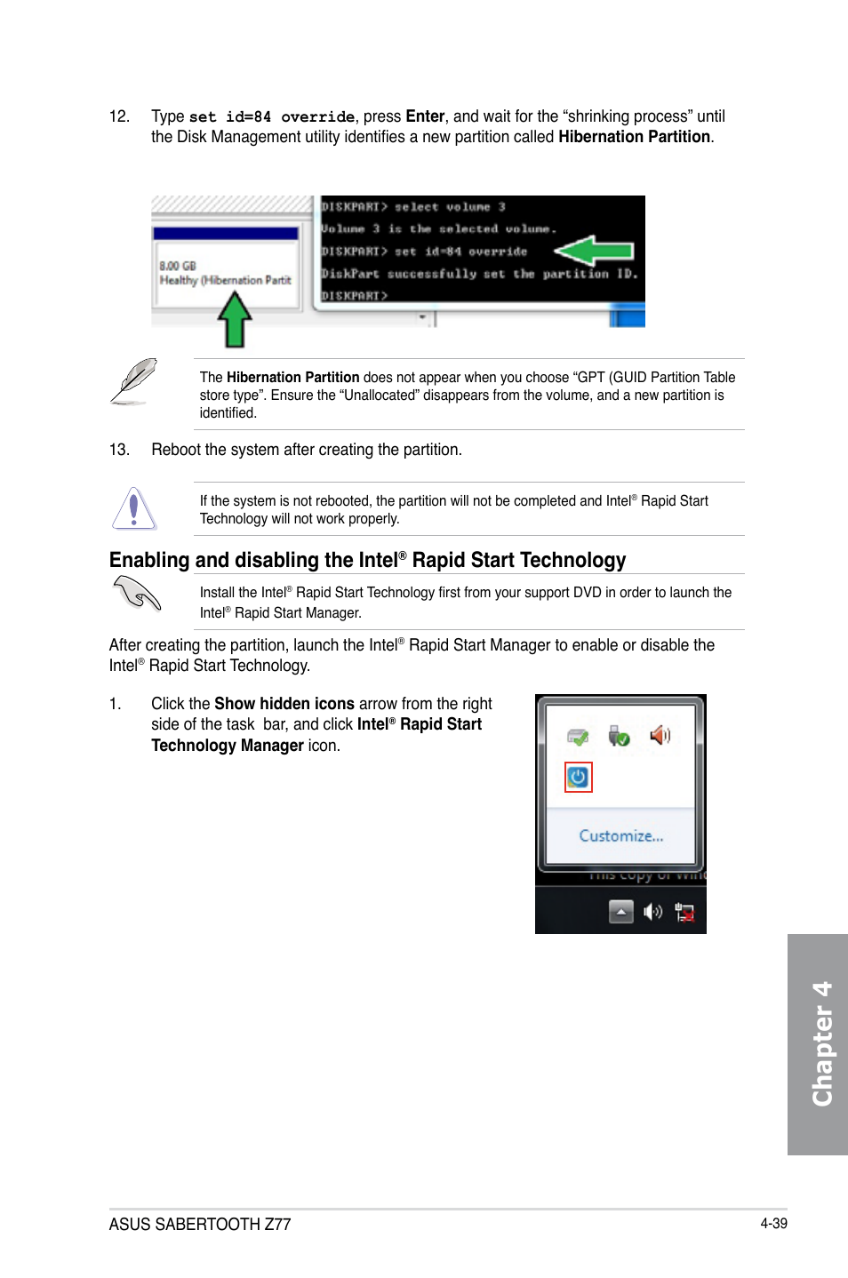 Chapter 4, Enabling and disabling the intel, Rapid start technology | Asus SABERTOOTH Z77 User Manual | Page 153 / 178
