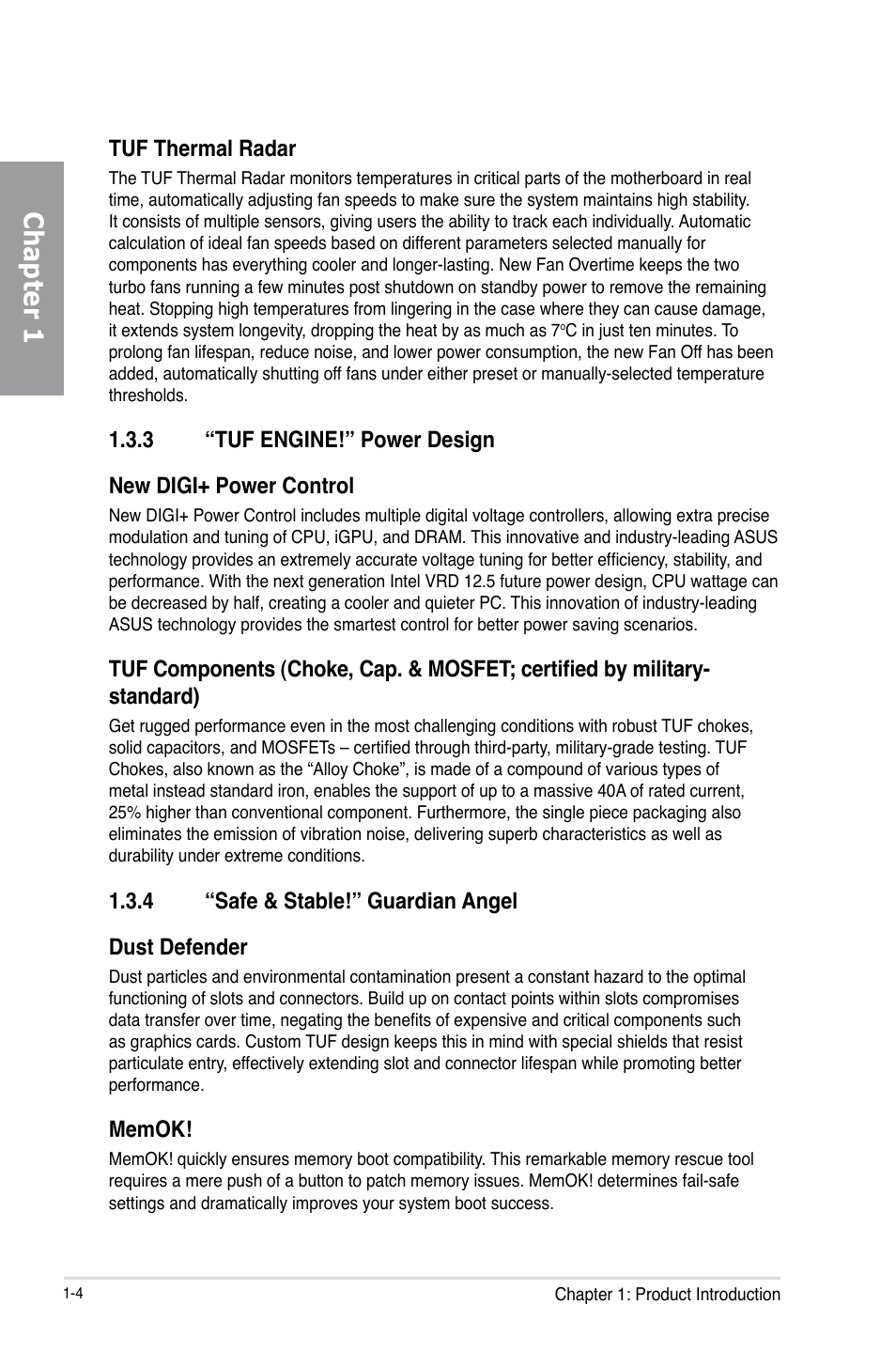 3 “tuf engine!” power design, 4 “safe & stable!” guardian angel, Tuf engine!” power design -4 | Safe & stable!” guardian angel -4, Chapter 1, Tuf thermal radar, 4 “safe & stable!” guardian angel dust defender | Asus SABERTOOTH Z77 User Manual | Page 16 / 178