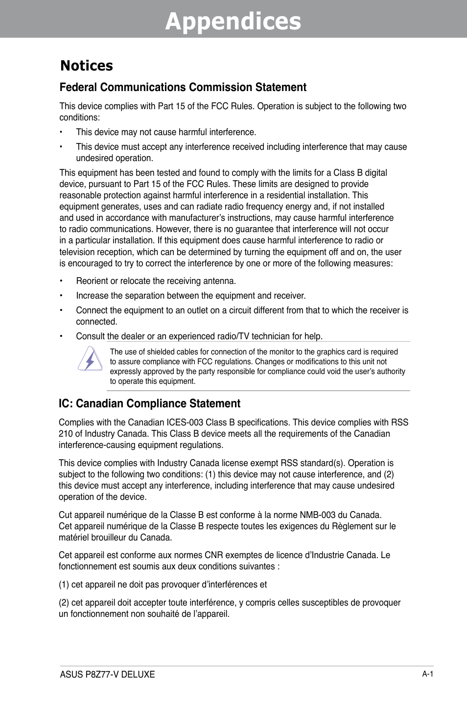 Appendices, Notices, Federal communications commission statement | Ic: canadian compliance statement | Asus SABERTOOTH Z77 User Manual | Page 175 / 178