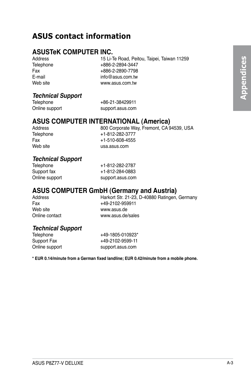 Appendices asus contact information, Asustek computer inc, Asus computer international (america) | Asus computer gmbh (germany and austria), Technical support | Asus SABERTOOTH Z77 User Manual | Page 177 / 178