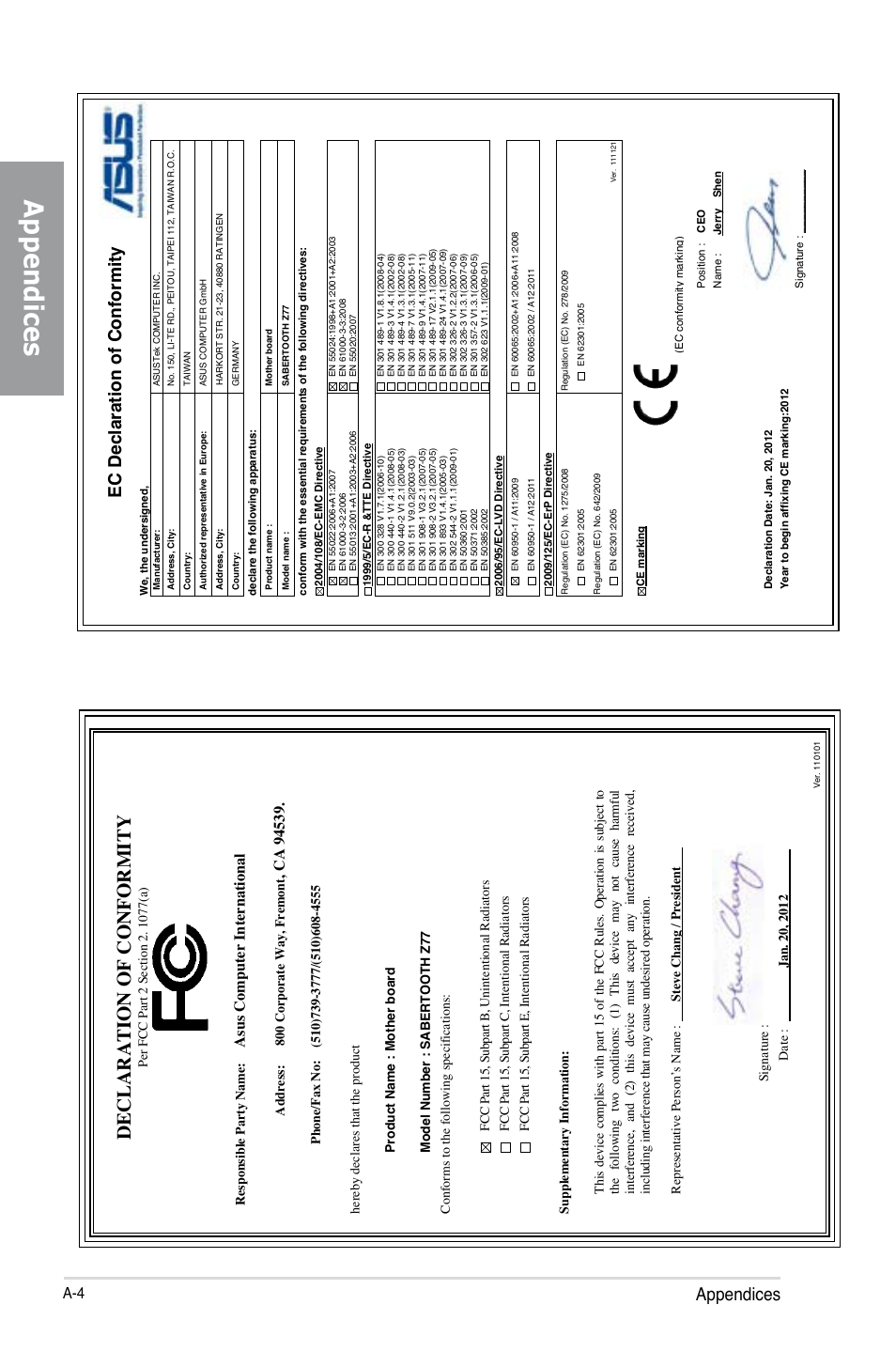 Declaration of conformity, Appendices, Ec declaration of conformity | As us c om pu te r i nt er na tio na l | Asus SABERTOOTH Z77 User Manual | Page 178 / 178