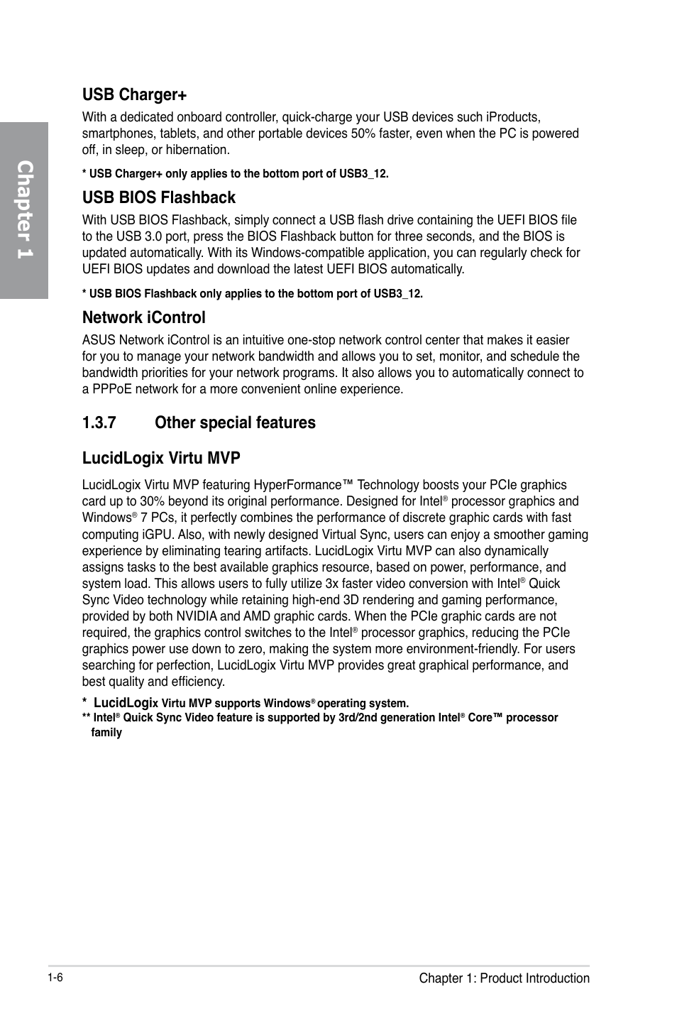 7 other special features, Other special features -6, Chapter 1 | Usb charger, Usb bios flashback, Network icontrol, 7 other special features lucidlogix virtu mvp | Asus SABERTOOTH Z77 User Manual | Page 18 / 178