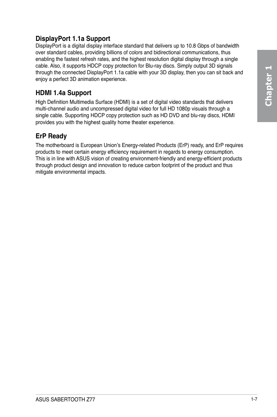 Chapter 1, Displayport 1.1a support, Hdmi 1.4a support | Erp ready | Asus SABERTOOTH Z77 User Manual | Page 19 / 178