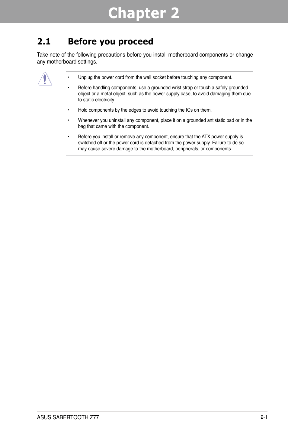 Chapter 2: hardware information, 1 before you proceed, Chapter 2 | Hardware information, Before you proceed -1 | Asus SABERTOOTH Z77 User Manual | Page 21 / 178