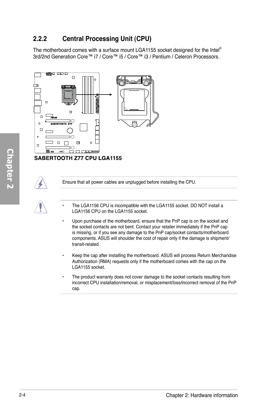 2 central processing unit (cpu), Central processing unit (cpu) -4, Chapter 2 | Asus SABERTOOTH Z77 User Manual | Page 24 / 178