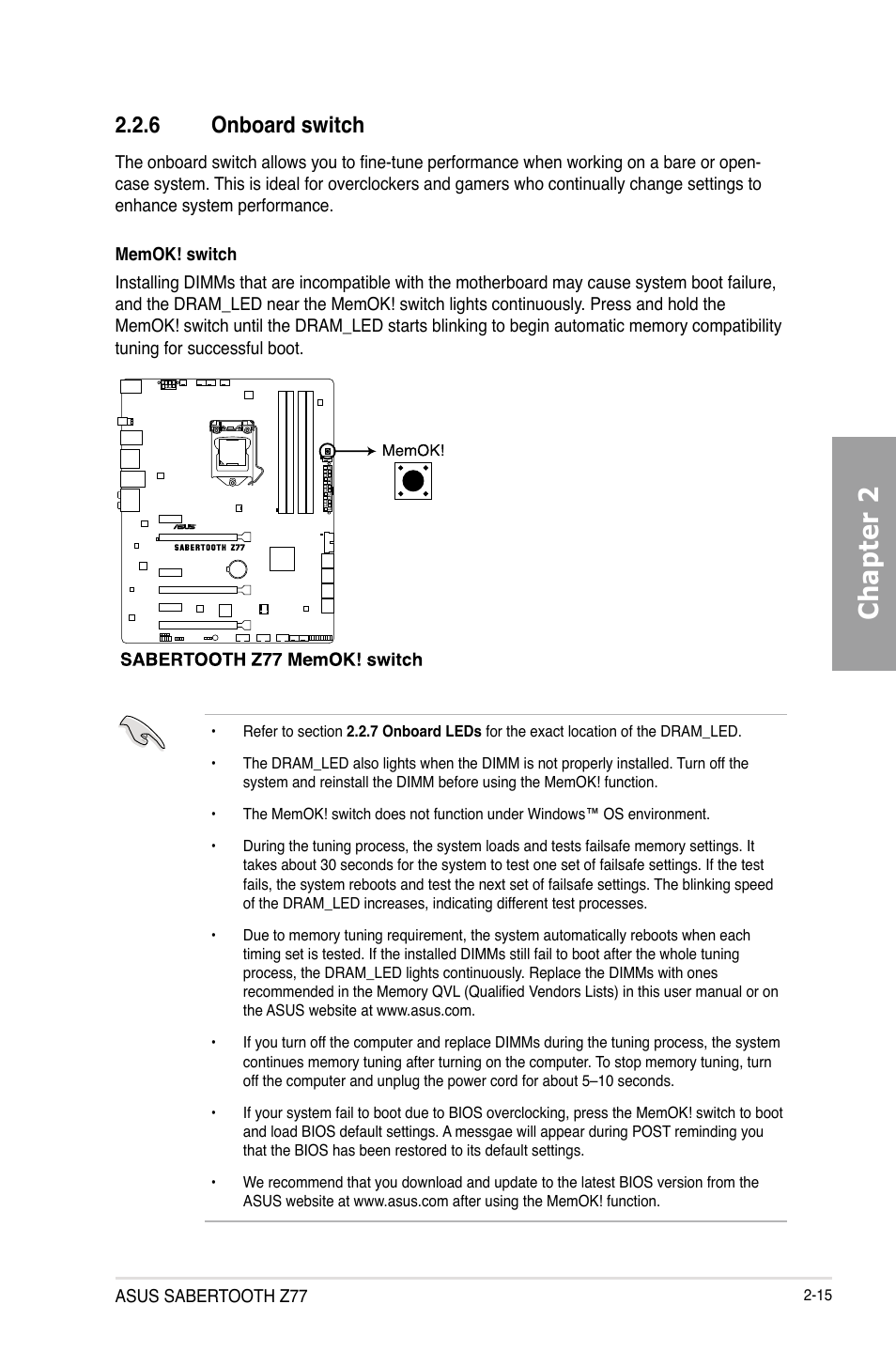 6 onboard switch, Onboard switch -15, Chapter 2 | Asus SABERTOOTH Z77 User Manual | Page 35 / 178